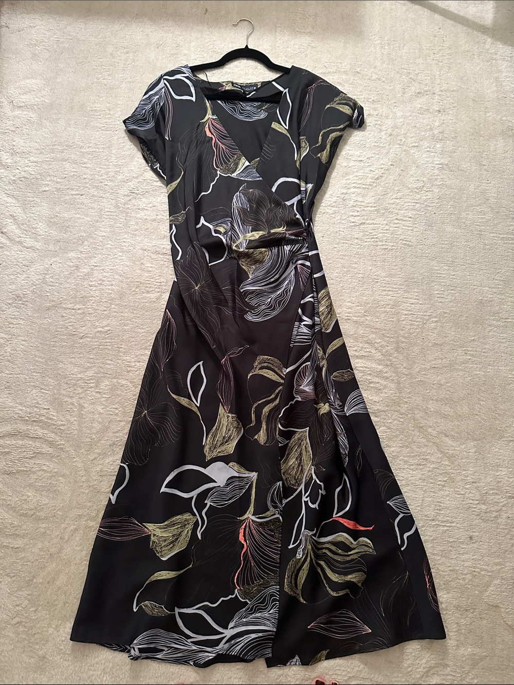 Zara Black Floral-Print Midi Wrap Dress